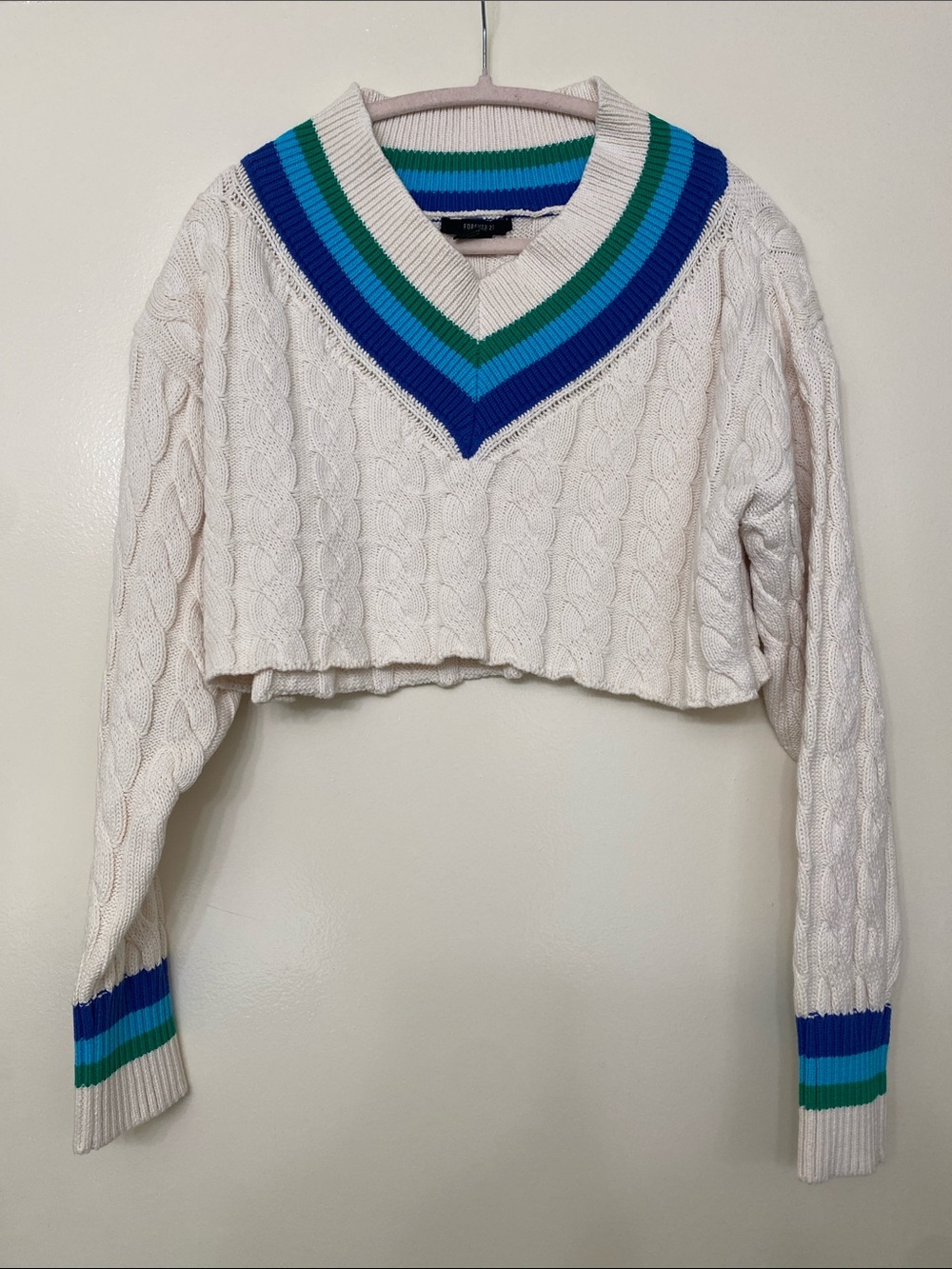 Cropped Cream Cable-Knit Sweater with Blue & Green Stripe V-Neck